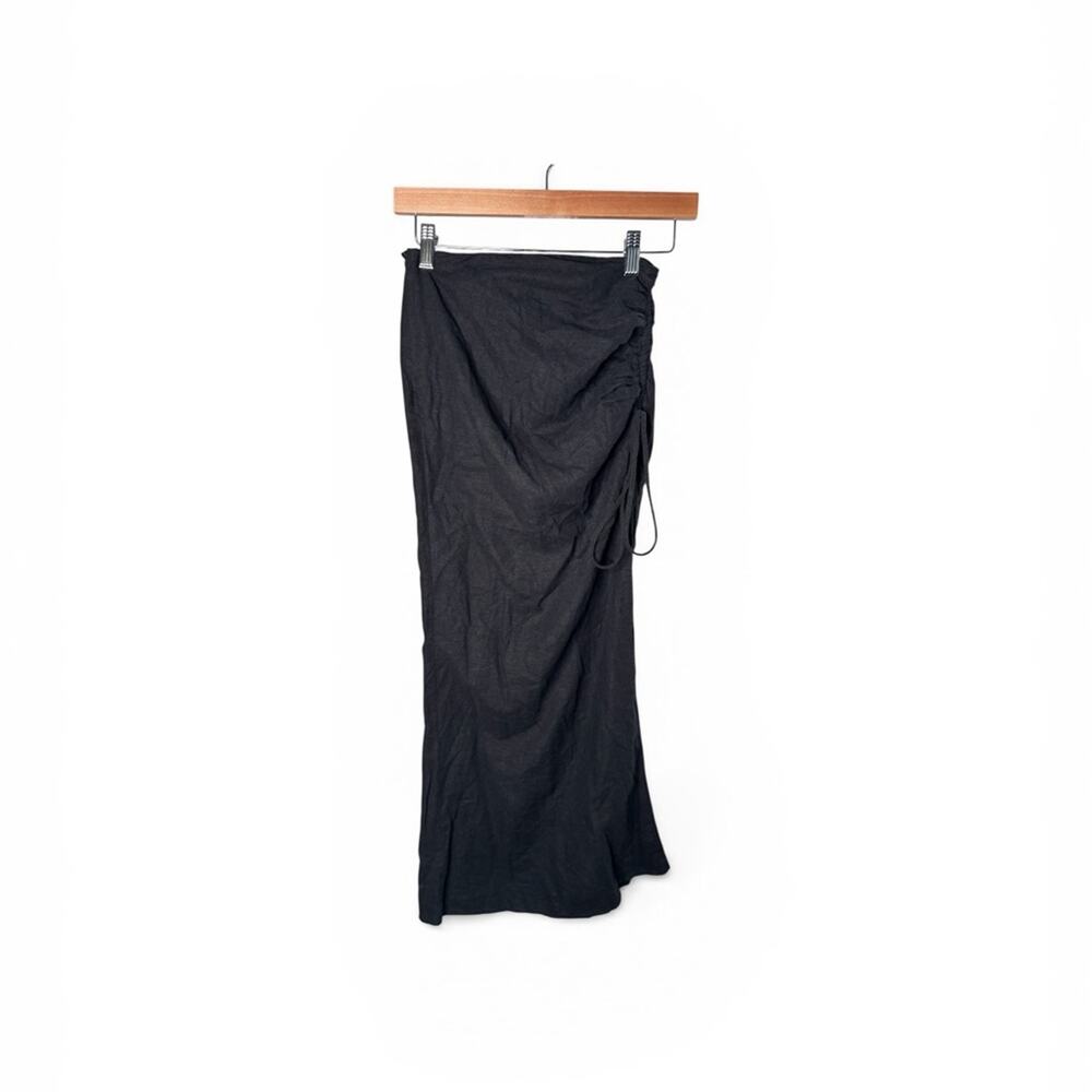 Bershka Black Linen Blend Cinched Maxi Skirt Side Slit XS
